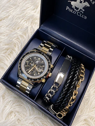 Reloj Polo Club Plateado/Dorado + pulseras 
