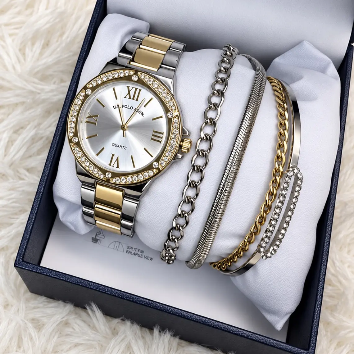Reloj Polo Plateado/Dorado brillo + pulseras  1