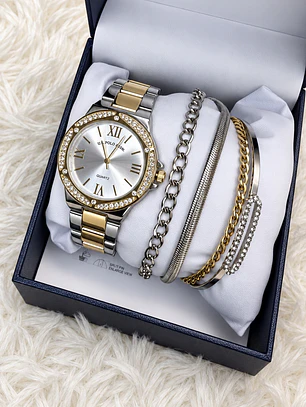 Reloj Polo Plateado/Dorado brillo + pulseras 