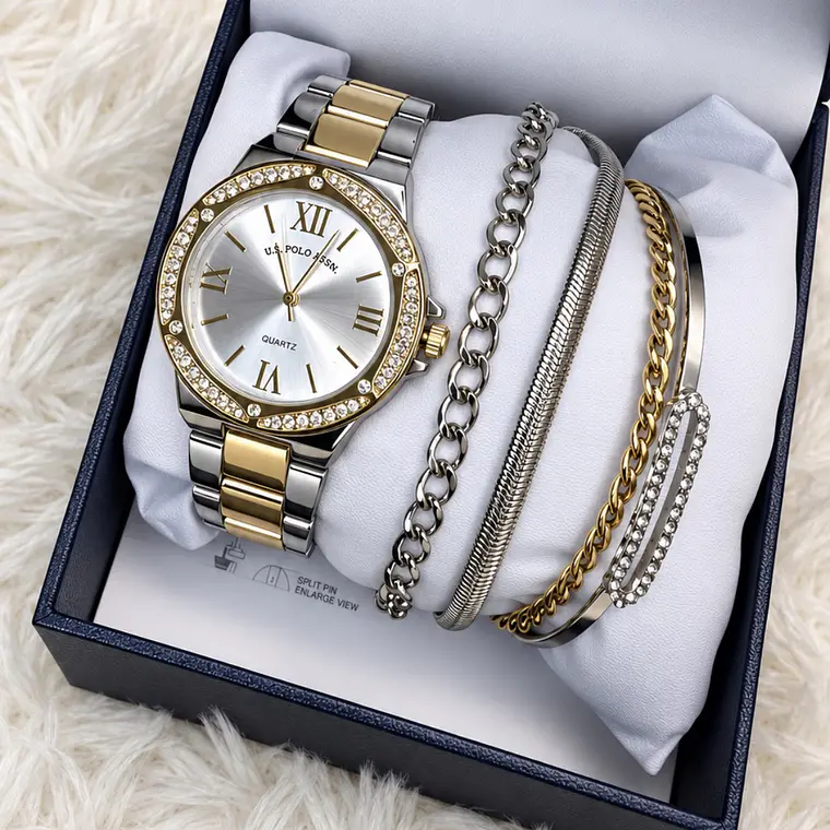Reloj Polo Plateado/Dorado brillo + pulseras  1