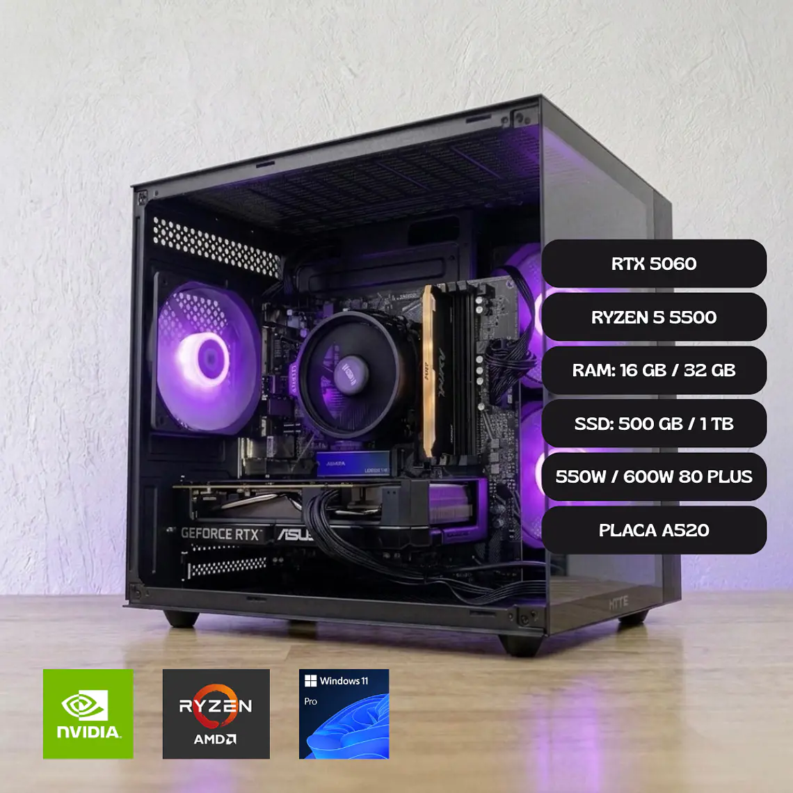PC GAMER RTX 5060 / RYZEN 5 5500 / PLACA A520 1
