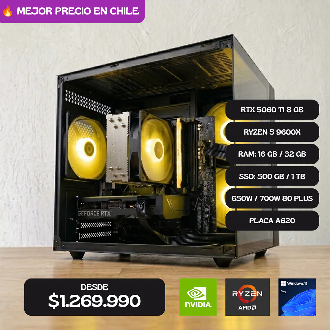 PC GAMER RTX 5060 TI 8 GB / RYZEN 5 9600X / PLACA A620 1