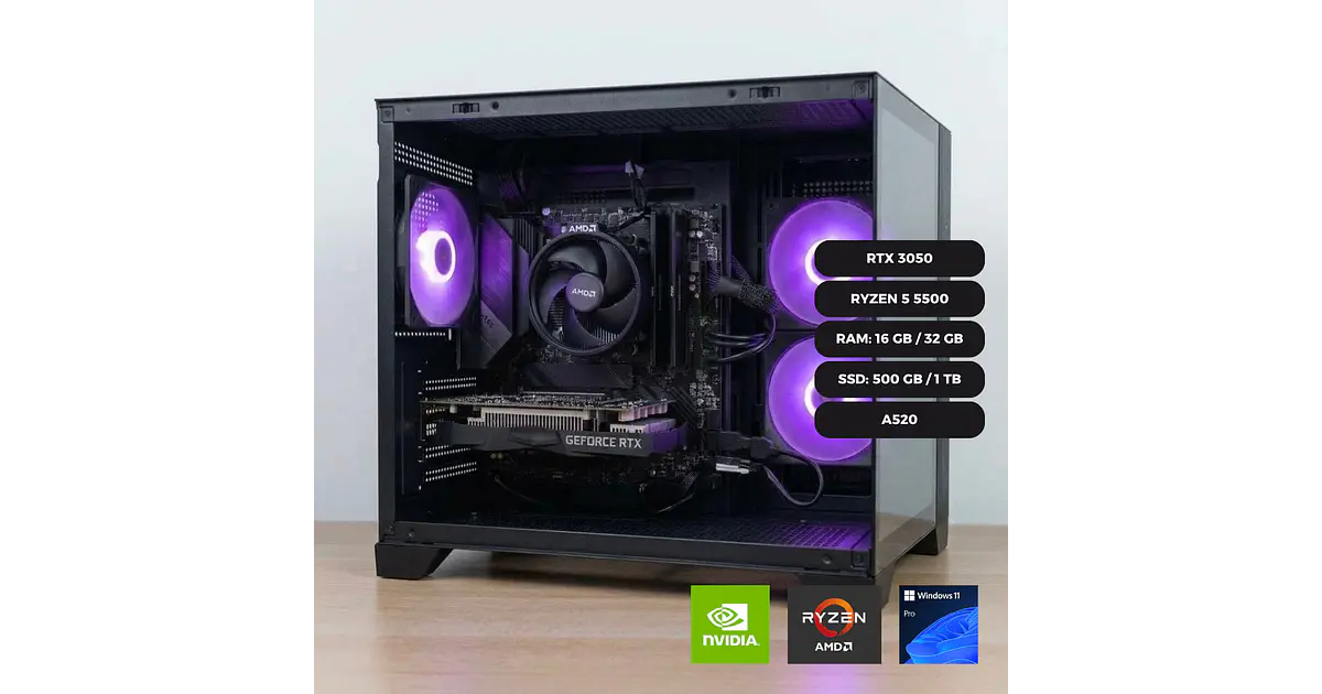PC Gamer Entrada | Ryzen 5 5500 / RTX 3050 / 1TB - 16GB RAM DDR4 / A520 (Internet Solo Con Cable de Red)