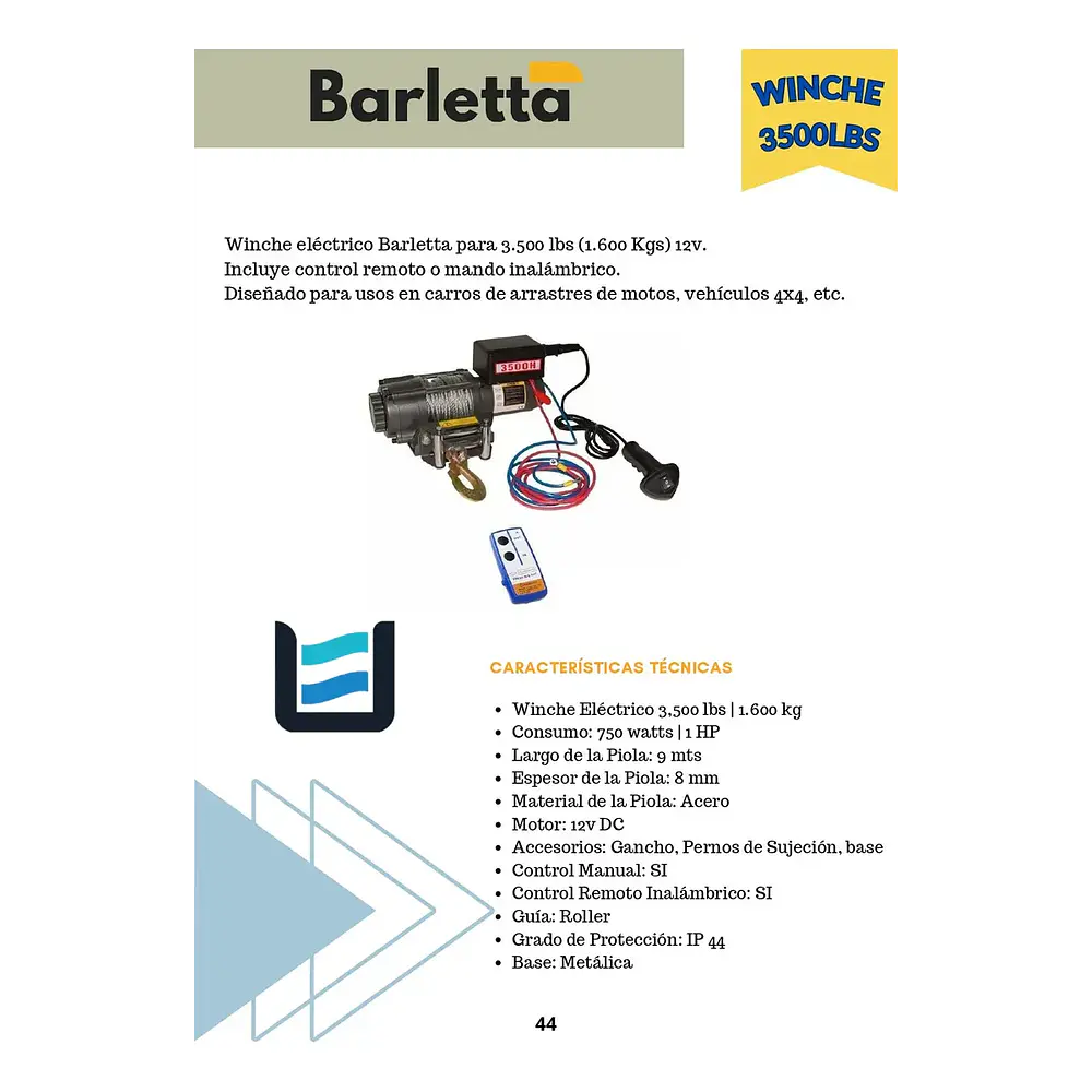 Winche Eléctrico BARLETTA  3.500 lbs (1.587 kg) / 12V con Control Remoto.