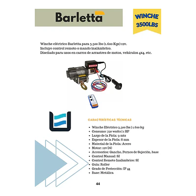 Winche Eléctrico BARLETTA  3.500 lbs (1.587 kg) / 12V con Control Remoto.