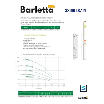 Bomba Sumergible Barletta de 0.5 HP con 30 metros de cable y tablero eléctrico incluido