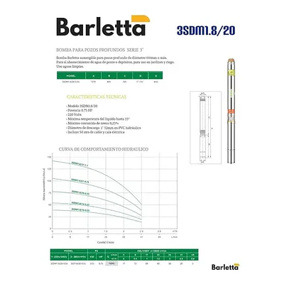 Bomba Sumergible 1 HP Barletta para Pozos Profundos | Incluye Cable 50 m y Tablero Eléctrico