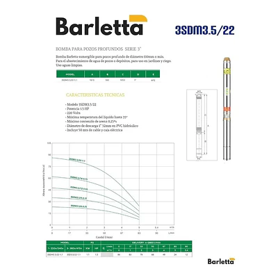 Bomba Sumergible Barletta de 1.5 HP 3SDM 5/22 con 50 metros de cable y tablero eléctrico incluido