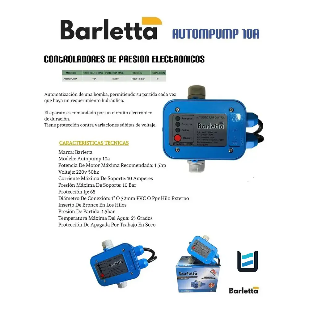 Controlador de presión electrónico Barletta Autopump 10A para sistemas de bombas de agua
