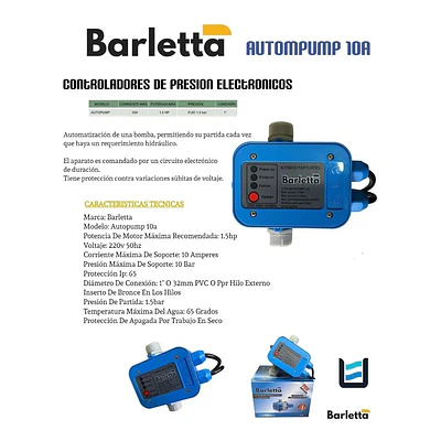 Controlador de presión electrónico Barletta Autopump 10A para sistemas de bombas de agua