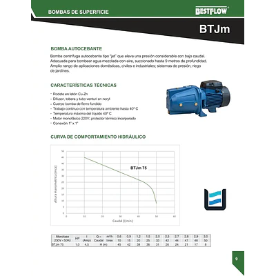Bomba Bestflow  autocebante BTJM75 1hp 220v 1” tipo Jet para estanque o noria