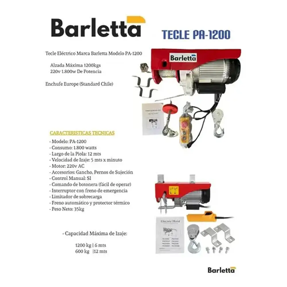 Tecle eléctrico de hasta 1200kgs de levante 220v 1800w BARLETTA PA-1200