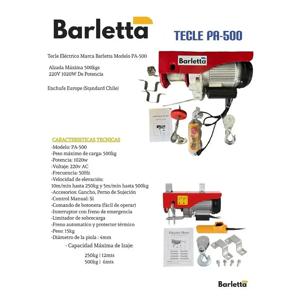 Tecle eléctrico de hasta 600 Kgs de levante 220v Barletta PA-600