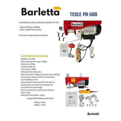 Tecle eléctrico de hasta 600 Kgs de levante 220v Barletta PA-600