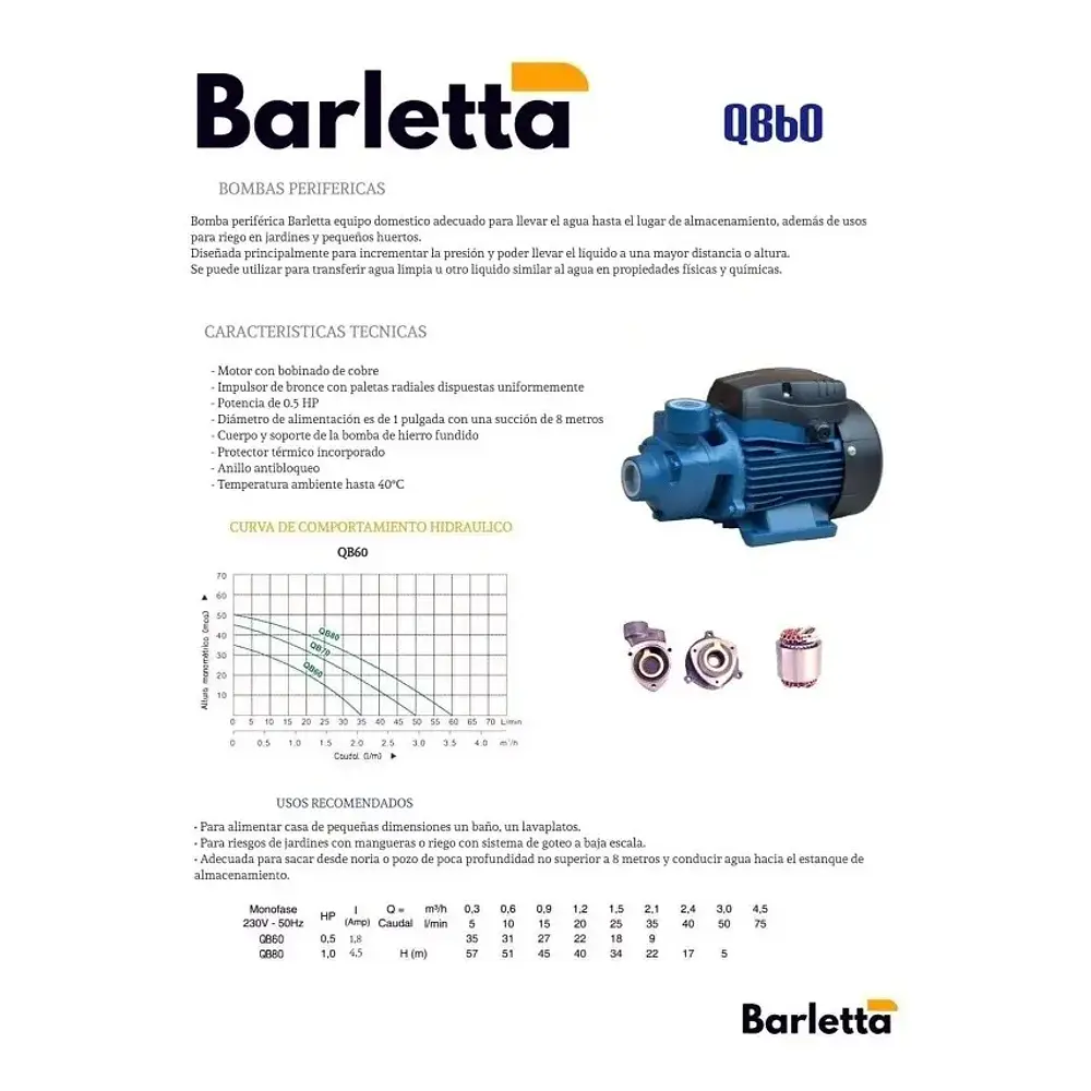 Bomba de Agua Periférica 1hp 1x1 BARLETTA Qb80