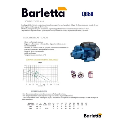 Bomba de Agua Periférica 1hp 1x1 BARLETTA Qb80