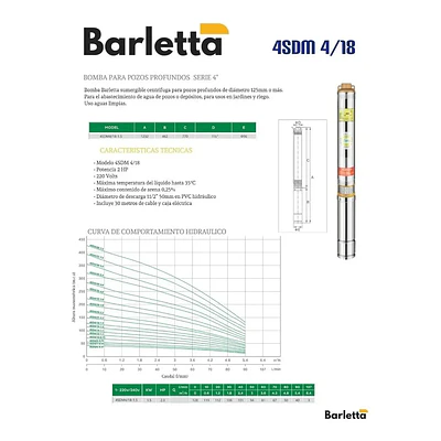 Bomba sumergible Barletta 119mts 4sdm 4/18 2hp + 30mts Cable