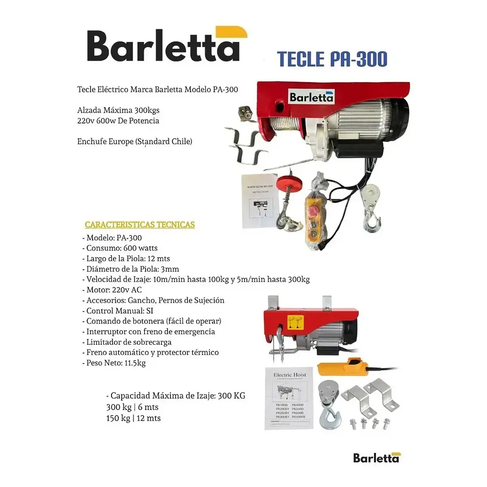 Tecle eléctrico de hasta 300 kgs de levante 220v 600w BARLETTA PA-300