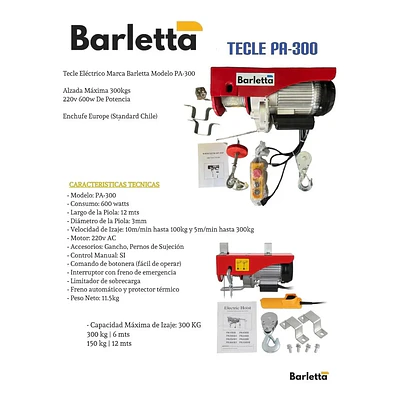 Tecle eléctrico de hasta 300 kgs de levante 220v 600w BARLETTA PA-300