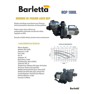Bomba Para Piscina Barletta Bcp 1100l 1.5 Hp 