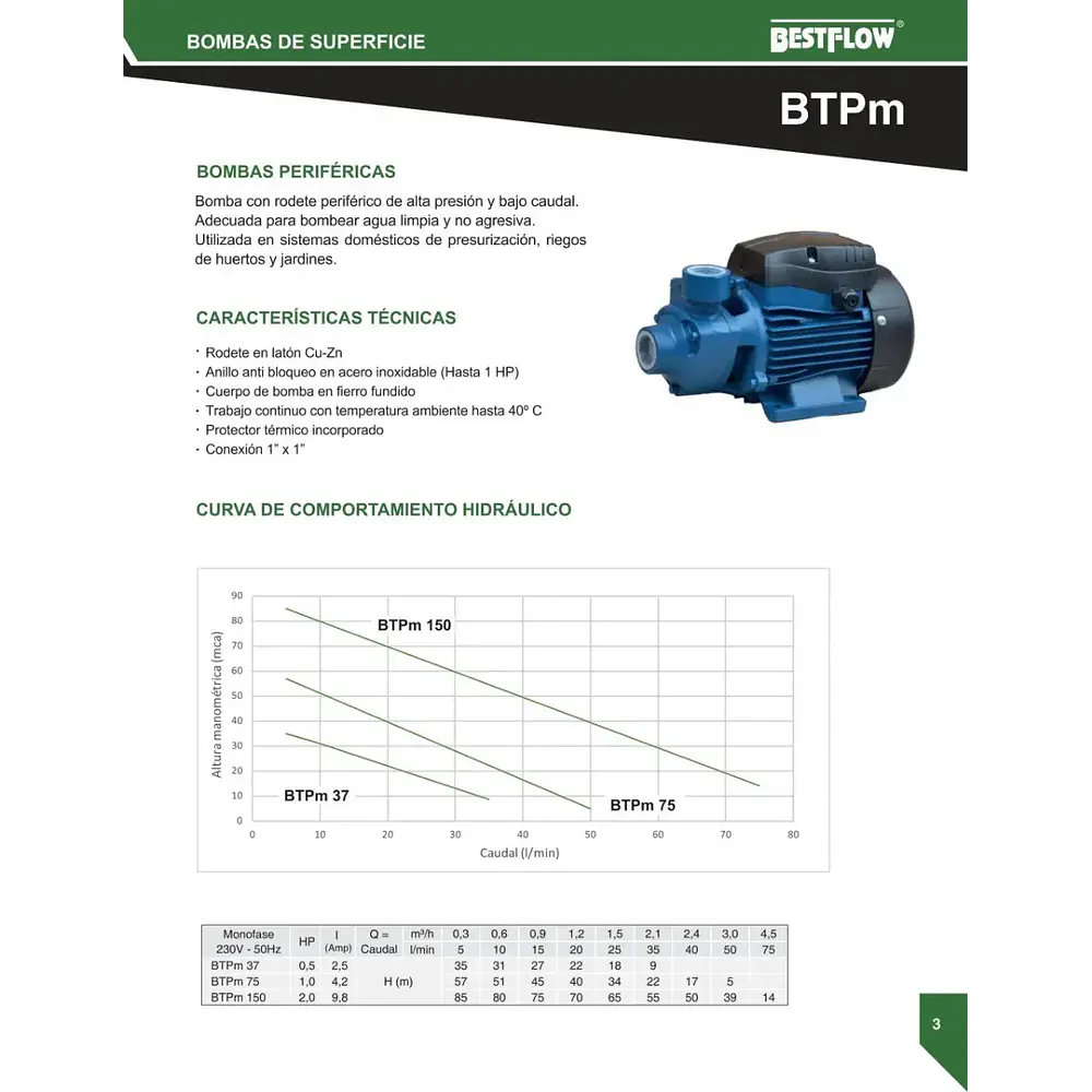 Bomba De Agua Periferica 1 Hp 1x1  Bestflow Btpm75
