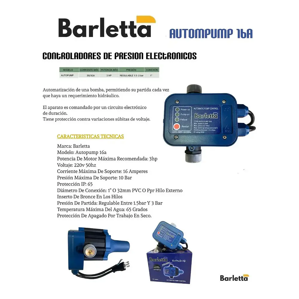 Controlador Para Bombas Barletta Autopump 16a Hasta 3Hp