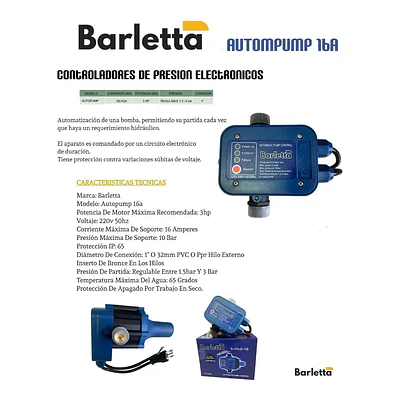 Controlador Para Bombas Barletta Autopump 16a Hasta 3Hp