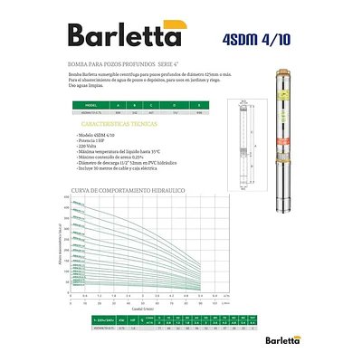 Bomba sumergible pozo profundo Barletta 71mt 4/10 1hp Con 50mt Cable + Controlador eléctrico