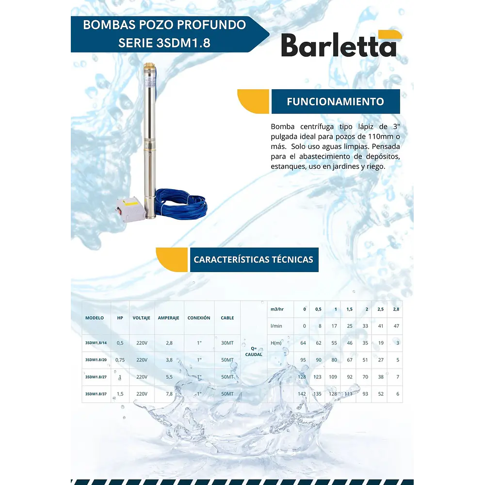 Bomba Sumergible Barletta 3SDM1.8/20 0,75 HP 220V con 50 m de Cable y Tablero
