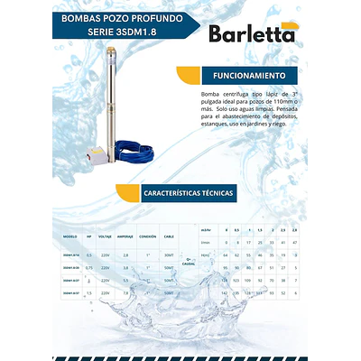 Bomba Sumergible Barletta 3SDM1.8/37 1,5 HP 220V con 50 m de Cable y Tablero