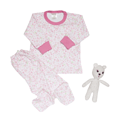 18-24M PIJAMA POLO MANGA LARGA Y PANTALON 100%ALGODÓN PIMA NIÑO (FLORES FRESA) 