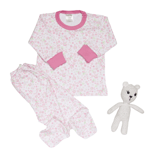 18-24M PIJAMA POLO MANGA LARGA Y PANTALON 100%ALGODÓN PIMA NIÑO (FLORES FRESA) 