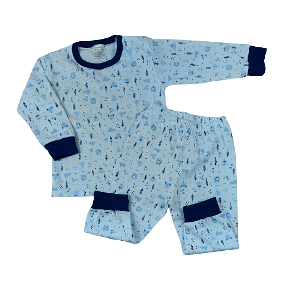 18-24M PIJAMA POLO MANGA LARGA Y PANTALON 100%ALGODÓN PIMA NIÑO (CUELLO AZUL OSCURO-OSOS CELESTE) 