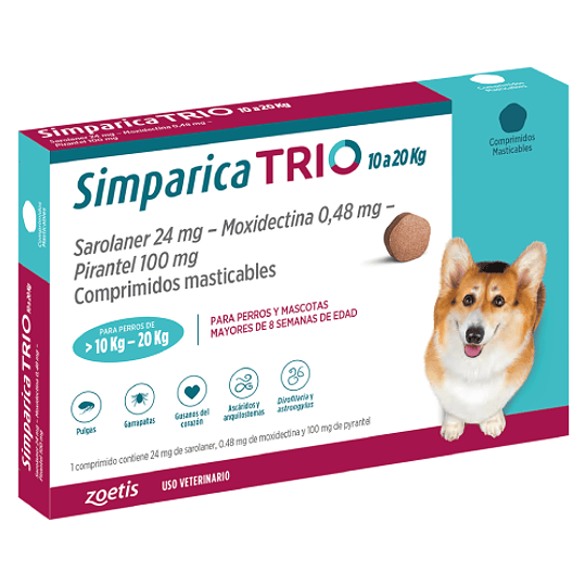 SIMPARICA TRIO 1 COMPRIMIDO 10 A 20 K.