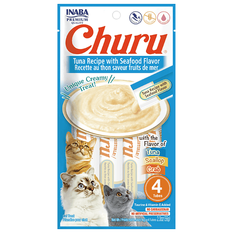 CHURU GATOS SABOR ATÚN CON MARISCOS 56 GRS.