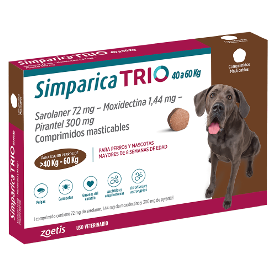 SIMPARICA TRIO 1 COMPRIMIDO 40 A 60 K. 1