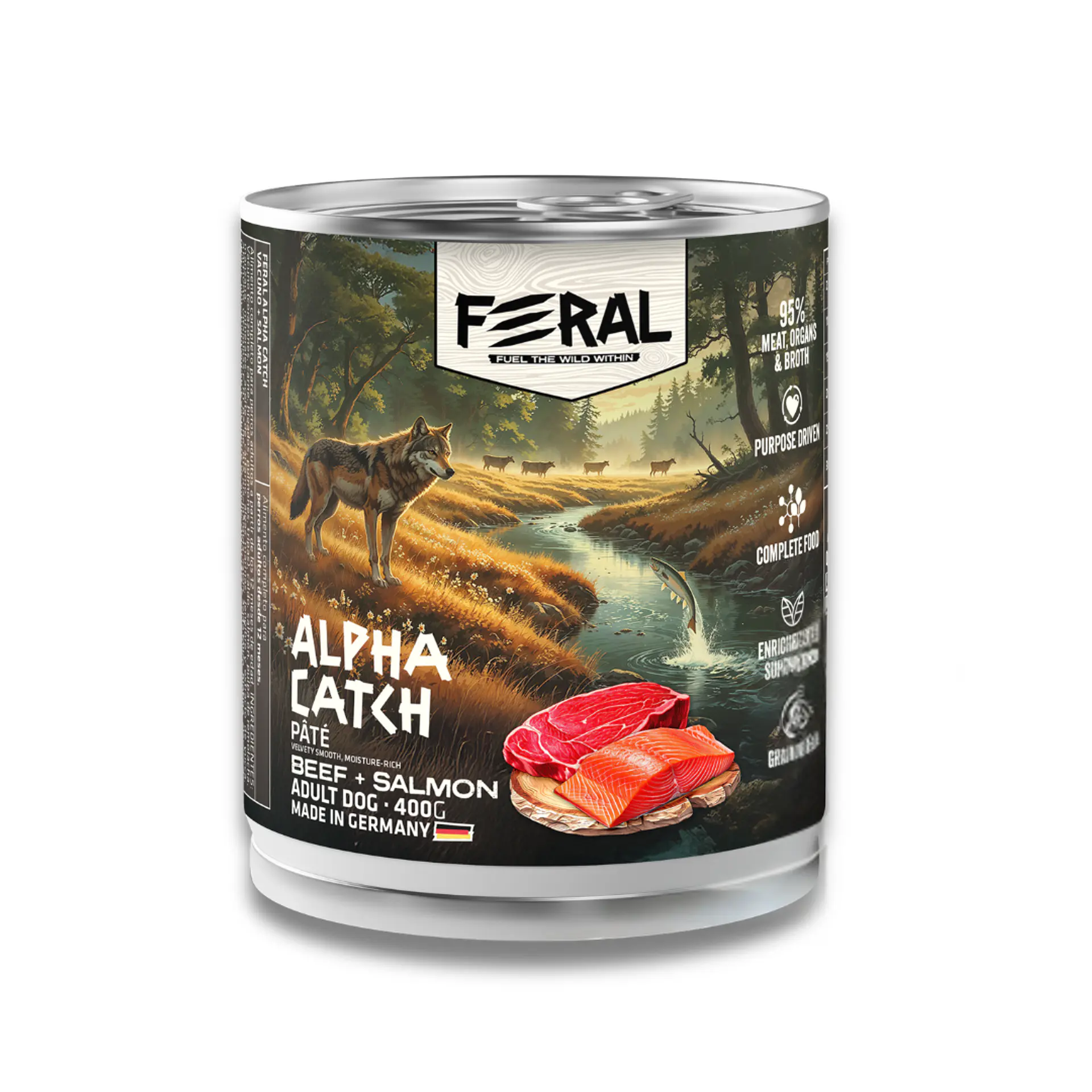 FERAL ALPHA CATCH BEEF + SALMON ADULT DOG 400 G. 1