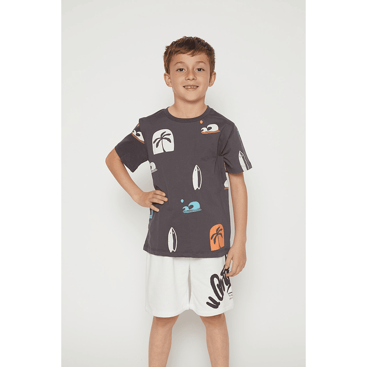 Polera Niño Hojas Manga Corta Negro Familyshop 1