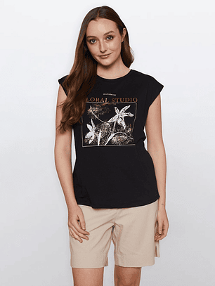 Polera Mujer Flores Negro Familyshop