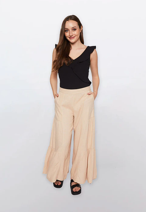 Pantalón Mujer Lino Cortes Beige Familyshop