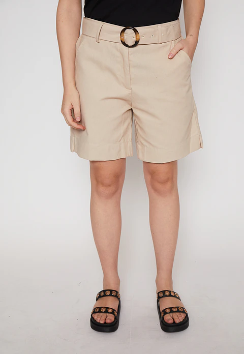 Short Mujer Lino Hebilla Beige Familyshop