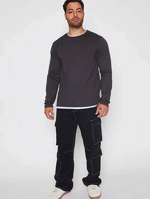 Polera Falso Manga Larga Hombre Gris Familyshop