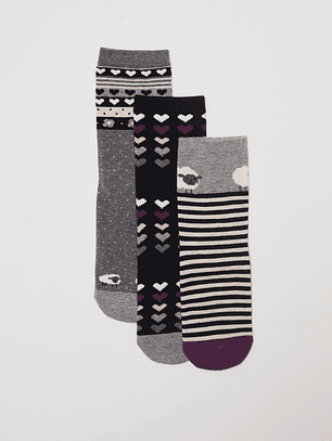 Calcetín Tripack Largo Heart Mujer Negro Familyshop