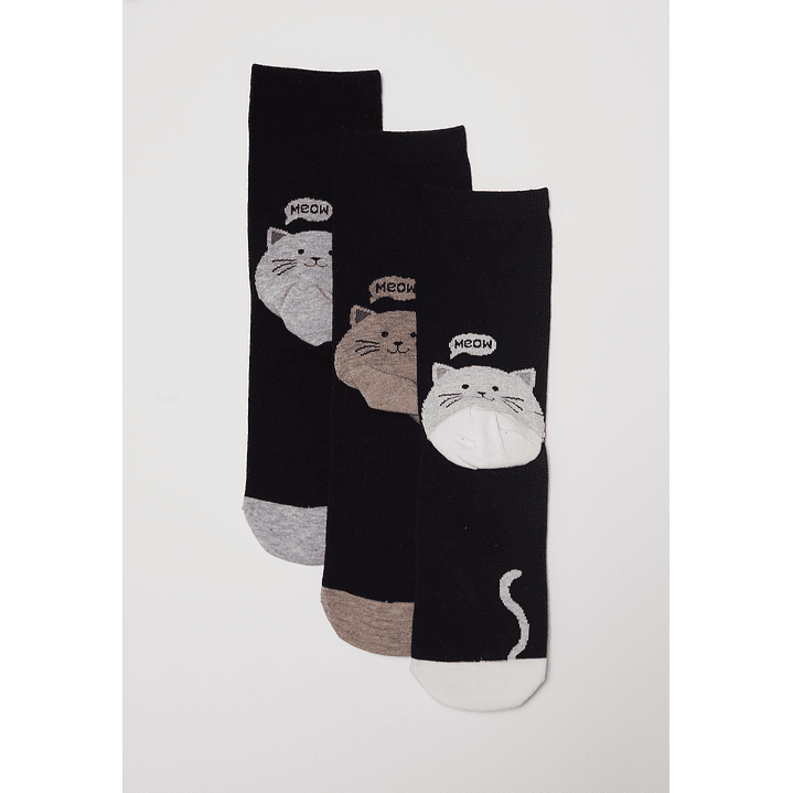 Calcetín Tripack Largo Cats Mujer Negro Familyshop 1
