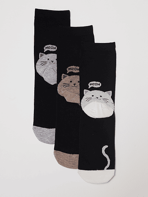 Calcetín Tripack Largo Cats Mujer Negro Familyshop