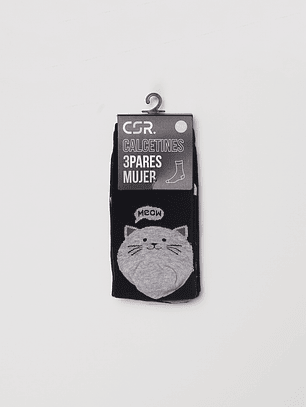 Calcetín Tripack Largo Cats Mujer Negro Familyshop