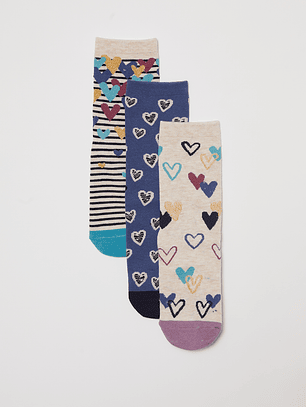 Calcetín Tripack Largo Hearts Mujer Azul Familyshop