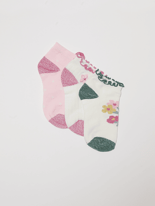Calcetín Tripack Corto Flores Niña Blanco Familyshop