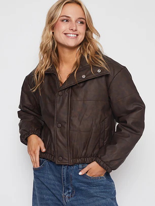 Chaqueta Cuero Franjas Mujer Café Familyshop