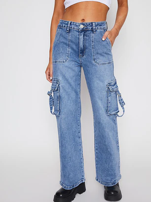 Jeans Wide Leg Cargo Mujer Azul Familyshop